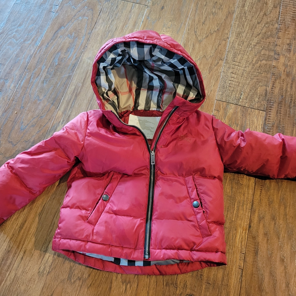 Toddler Burberry Red Puffer Jacket with Check Lining